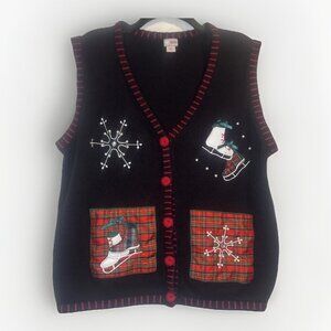 Holiday Editions Black Festive Embroidery Red Plaid V Neck Sweater Vest Sz XL